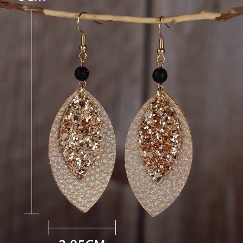 Sparkling Gold and Black Leaf Earrings - Picture 2 of 5